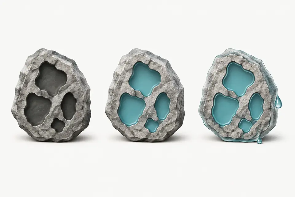 Three schematic stone cutaways: oven-dry aggregate with empty pores, saturated surface-dry aggregate with water-filled pores, and wet aggregate with filled pores plus surface water. Blue represents water.
