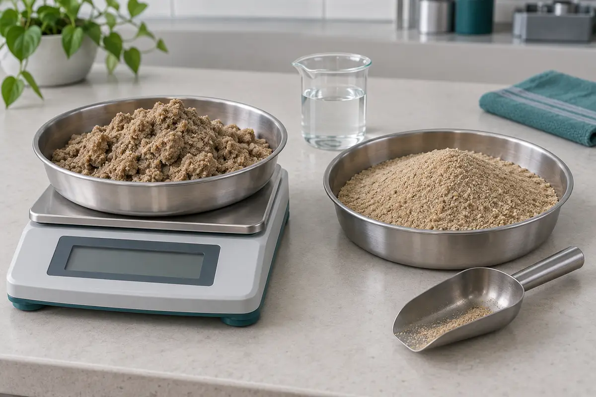 AI illustration of clumped damp sand on a laboratory balance, loose dry sand in a separate pan, and a beaker of water.