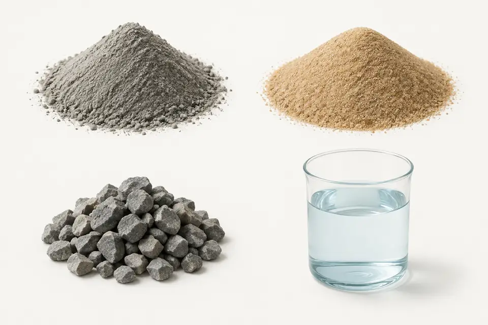 Concrete ingredients illustrated in four positions: cement powder at top left, fine sand at top right, coarse stone at bottom left, and water at bottom right.